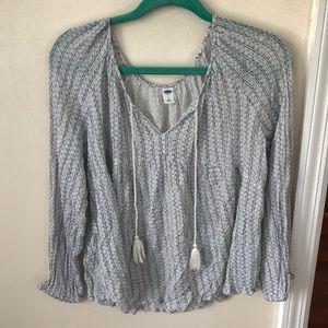 Women’s Old Navy Long Sleeve White and Blue Flowy Top with Tie Front Strings